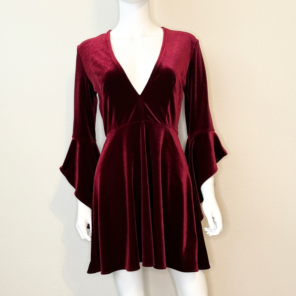 Burgundy Velvet Dress with Flare Sleeves